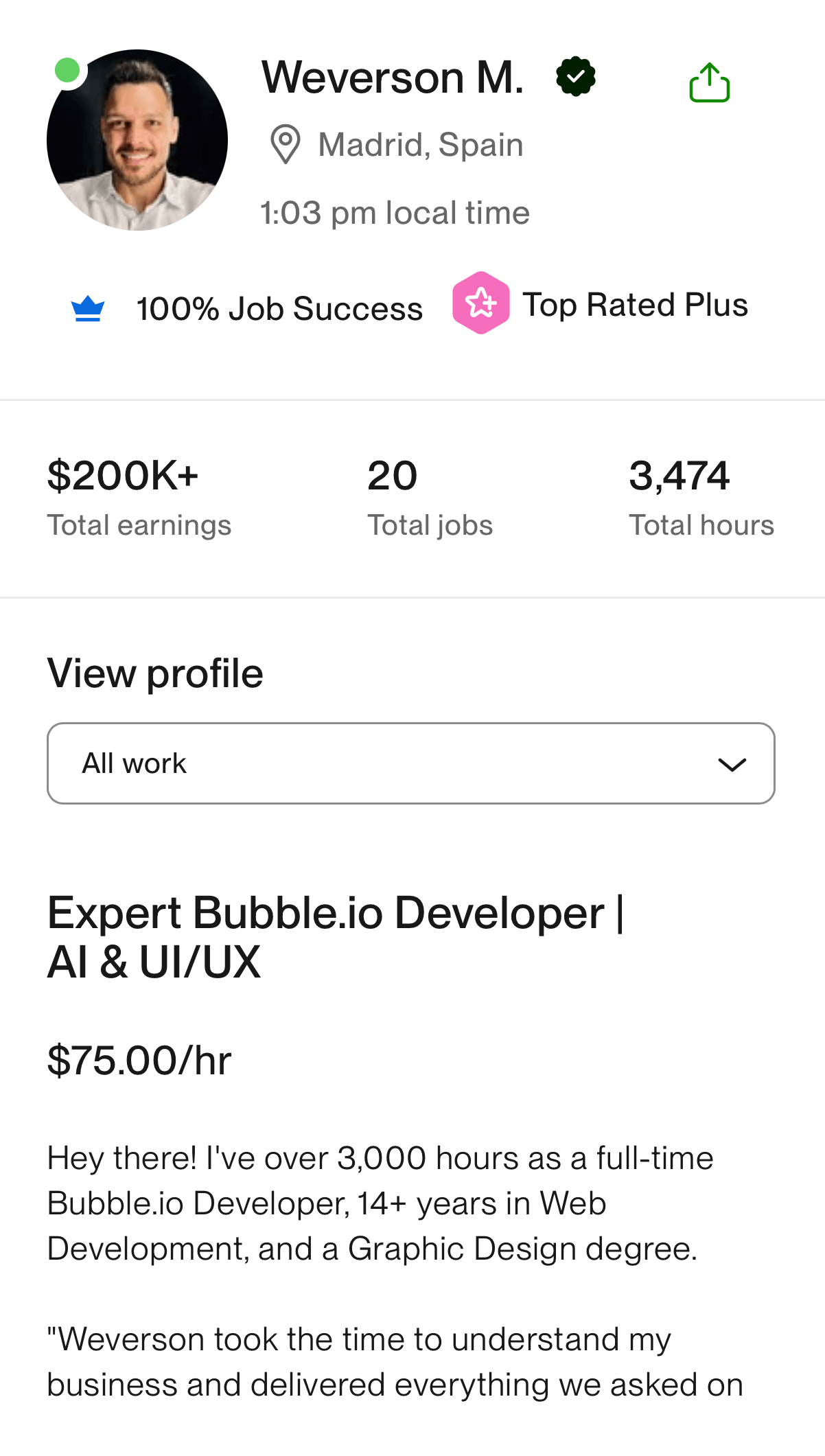 Upwork profile screenshot
